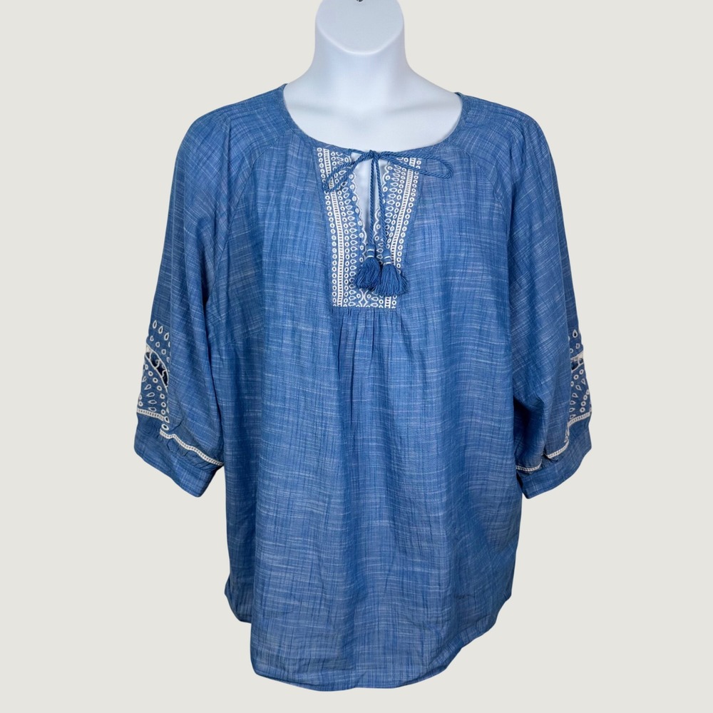 Talbots Plus Blue Cotton Embroidered Eyelet Tassel Top 3X Boho Peasant Blouse